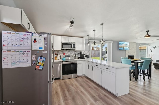 kitchen with light wood-style flooring, appliances with stainless steel finishes, a ceiling fan, and plenty of natural light