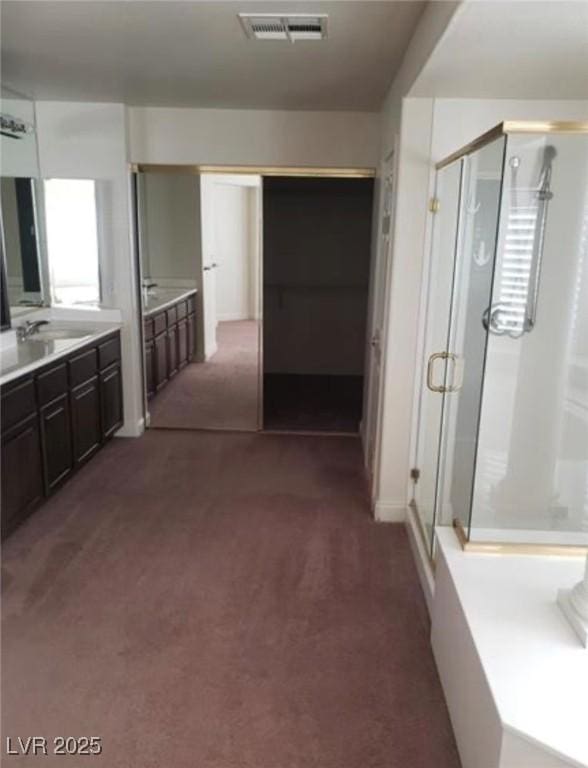 bathroom with visible vents, a stall shower, and vanity