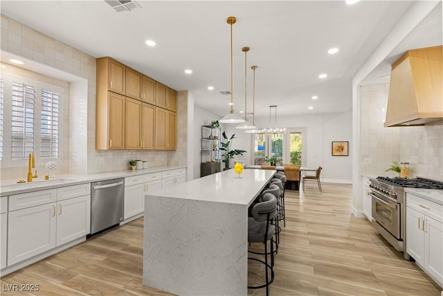 800 Jody Brook Ct, Las Vegas, NV 89145 - kitchen featuring stainless steel appliances, a sink, light wood-style floors, backsplash, and recessed lighting