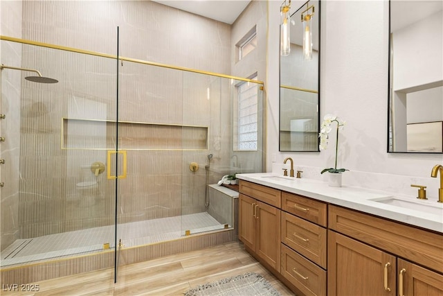 800 Jody Brook Ct, Las Vegas, NV 89145 - bathroom with a stall shower, double vanity, and wood finished floors