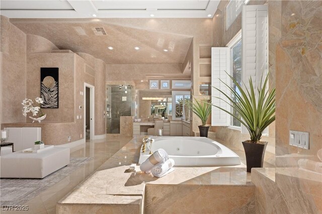 5020 Spanish Heights Dr, Las Vegas, NV 89148 - bathroom featuring a jetted tub, a stall shower, recessed lighting, and marble tiled flooring