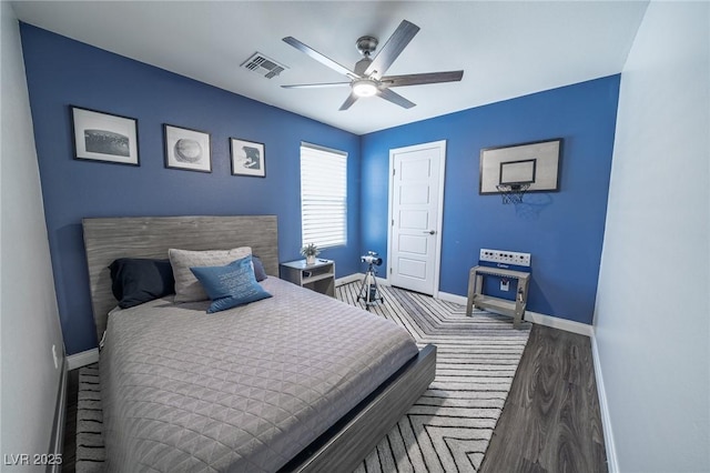 bedroom with visible vents, baseboards, a closet, a ceiling fan, and wood finished floors