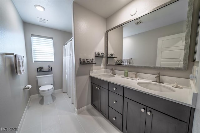 full bathroom featuring a sink, visible vents, toilet, and double vanity