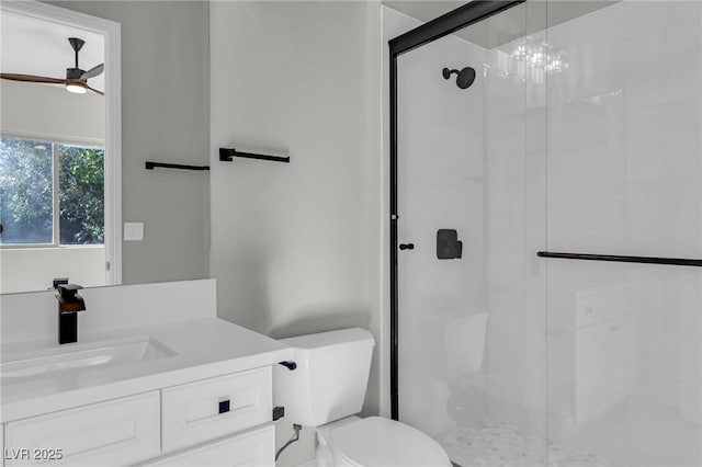 2805 Proust Ct, Henderson, NV 89044 - bathroom featuring a ceiling fan, a shower stall, and vanity