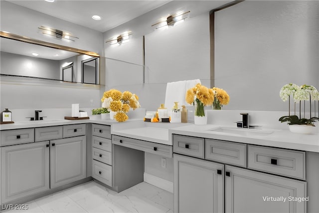 2805 Proust Ct, Henderson, NV 89044 - bathroom featuring double vanity, marble finish floors, and recessed lighting