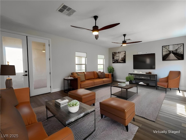 2805 Proust Ct, Henderson, NV 89044 - living room featuring a ceiling fan, wood finished floors, and french doors
