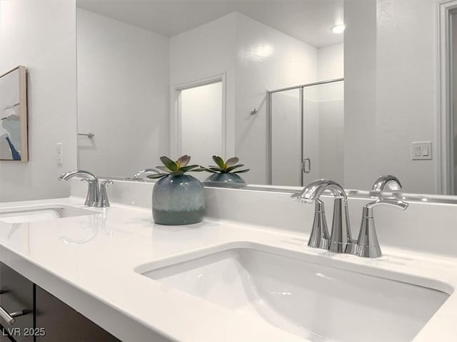bathroom with a sink, double vanity, and a stall shower