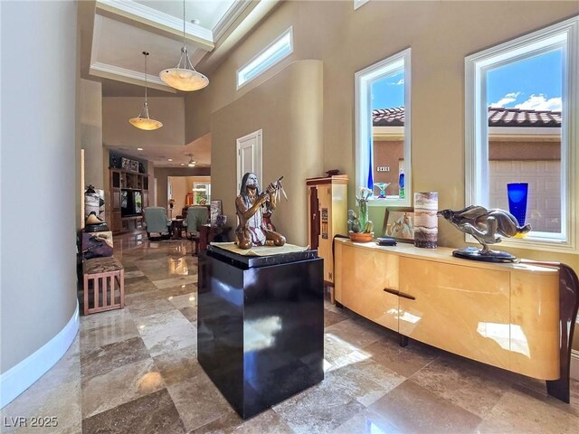 welcome area with ornamental molding and a high ceiling