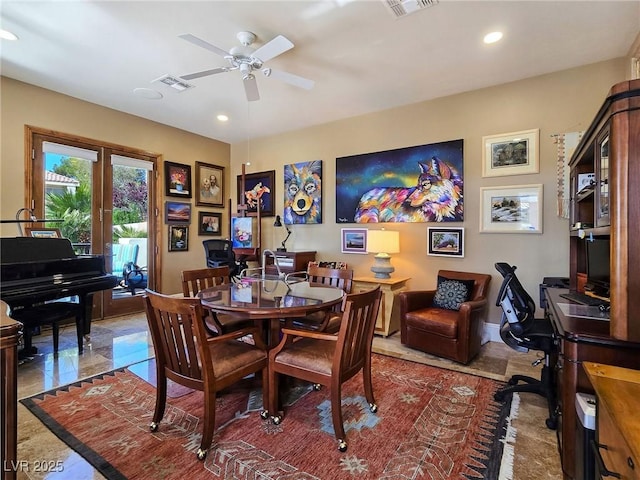 dining space featuring recessed lighting, ceiling fan, and an office area