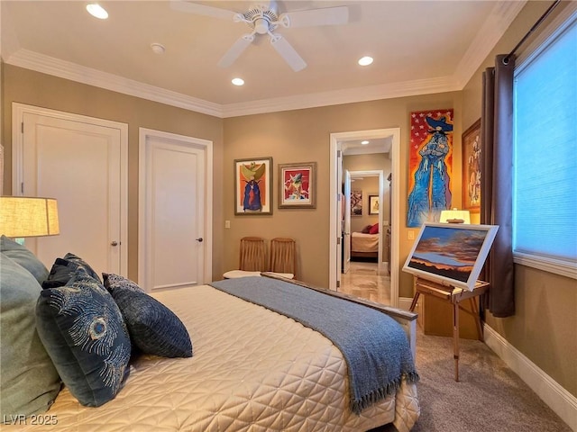 bedroom featuring carpet, ornamental molding, recessed lighting, a ceiling fan, and baseboards