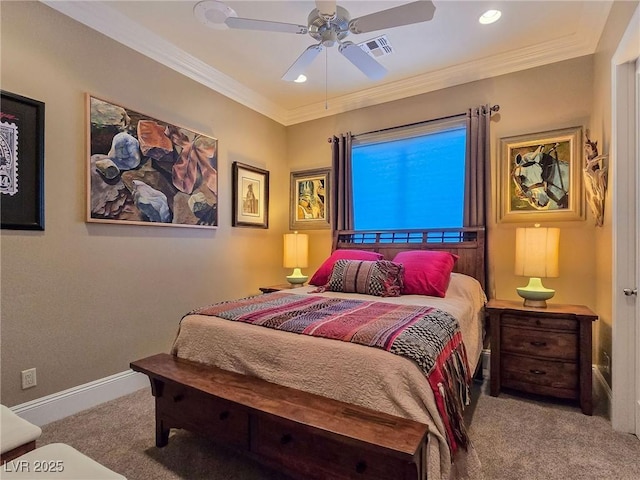 carpeted bedroom with recessed lighting, ceiling fan, ornamental molding, and baseboards