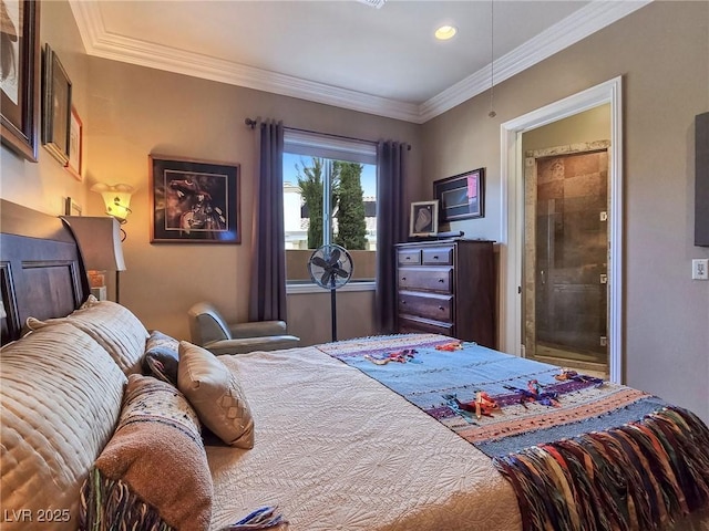 bedroom with ornamental molding and recessed lighting