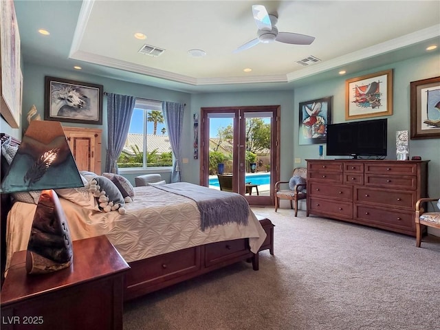 bedroom featuring carpet floors, access to outside, french doors, recessed lighting, and crown molding