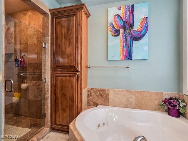 full bath with a tub with jets and a shower stall