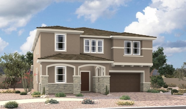 view of front of property featuring stucco siding, stone siding, decorative driveway, and an attached garage