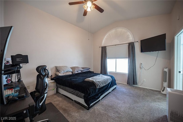 7103 Shadow Crest Dr, Las Vegas, NV 89119 - carpeted bedroom with vaulted ceiling, a desk, baseboards, and ceiling fan