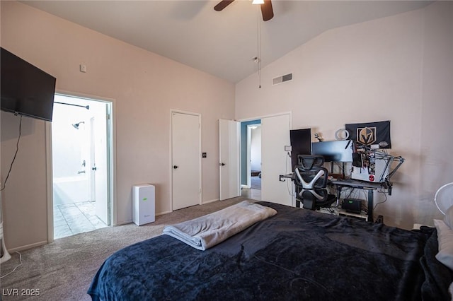 7103 Shadow Crest Dr, Las Vegas, NV 89119 - carpeted bedroom featuring high vaulted ceiling and a ceiling fan