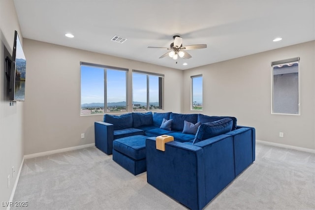 342 Molinetto St, Las Vegas, NV 89138 - living area with light carpet, recessed lighting, visible vents, and ceiling fan