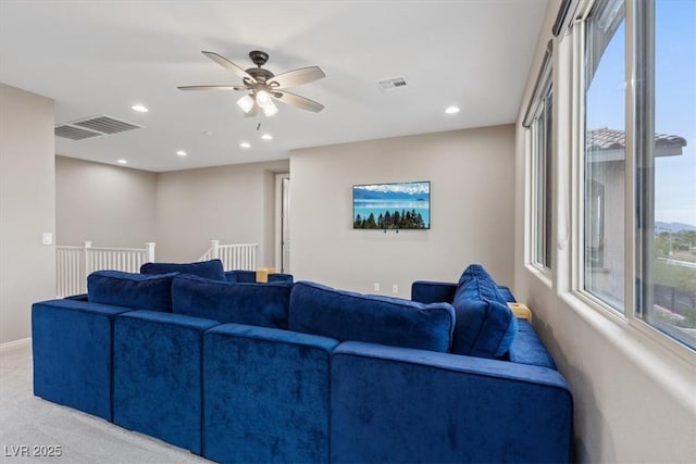 342 Molinetto St, Las Vegas, NV 89138 - living room featuring recessed lighting, visible vents, a ceiling fan, and carpet floors