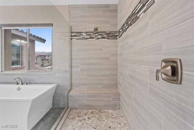 342 Molinetto St, Las Vegas, NV 89138 - bathroom with tile walls, tiled shower, and a soaking tub