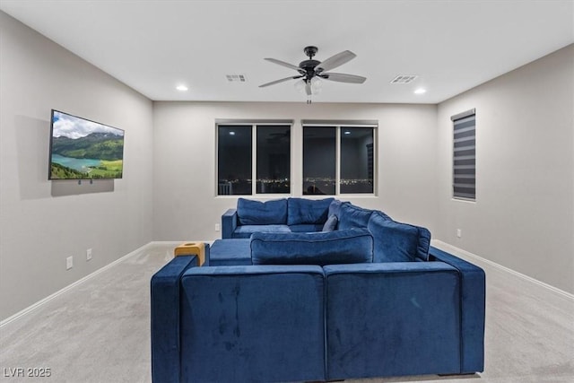342 Molinetto St, Las Vegas, NV 89138 - living room with carpet flooring, baseboards, a ceiling fan, and visible vents