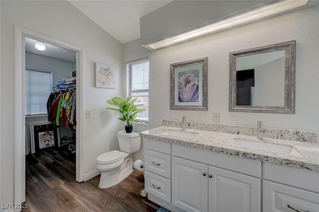 full bath featuring a sink, toilet, wood finished floors, and vaulted ceiling