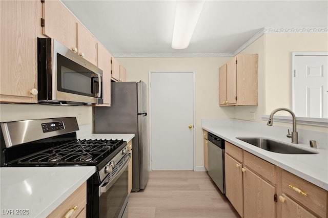 kitchen with light wood-type flooring, light brown cabinets, light countertops, appliances with stainless steel finishes, and a sink