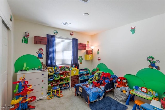 game room featuring visible vents and carpet flooring