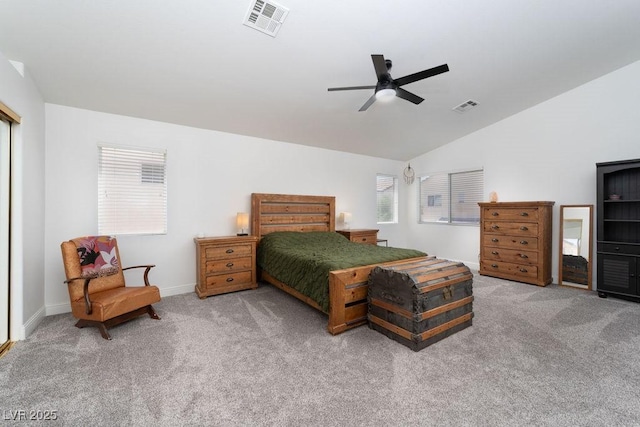 6973 Pacific Coast St, Las Vegas, NV 89148 - carpeted bedroom featuring visible vents, baseboards, a ceiling fan, and lofted ceiling