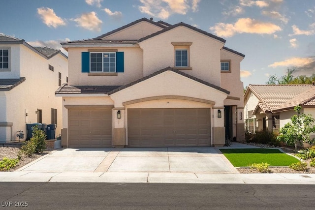6973 Pacific Coast St, Las Vegas, NV 89148 - view of front of house featuring a tiled roof, central AC, stucco siding, an attached garage, and driveway