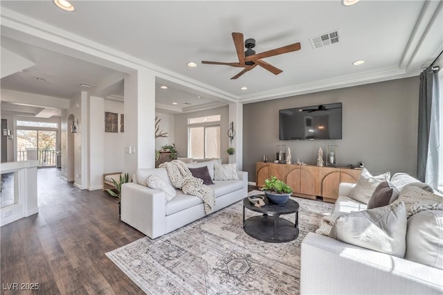living room with ceiling fan, dark wood finished floors, visible vents, recessed lighting, and baseboards