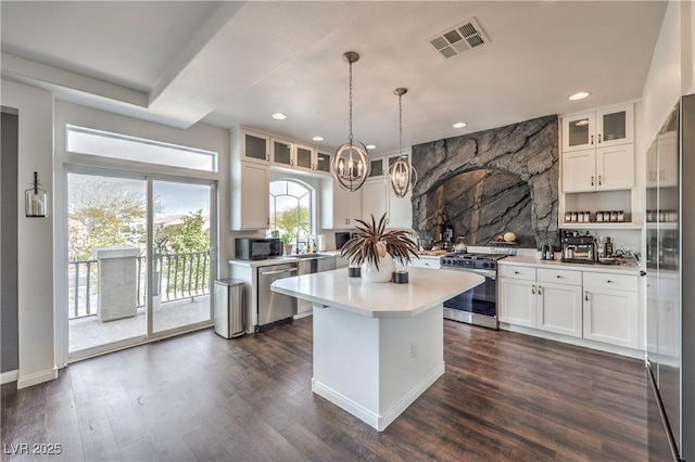 kitchen featuring visible vents, light countertops, dark wood finished floors, white cabinetry, and stainless steel appliances