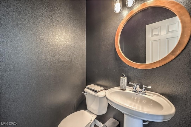 half bath featuring a sink, toilet, and a textured wall
