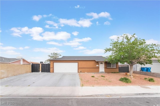 single story home featuring driveway, stucco siding, fence, and a garage