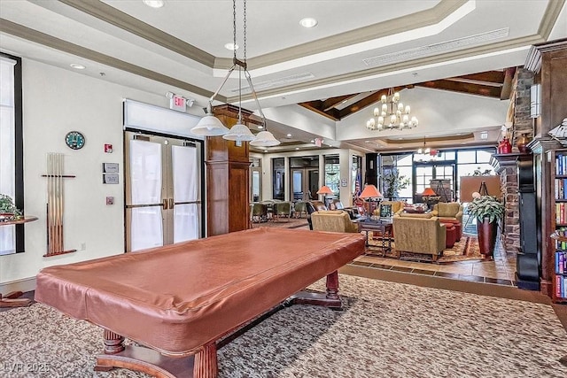 6072 Canter Glen Ave, Las Vegas, NV 89122 - playroom with pool table, ornamental molding, french doors, and a raised ceiling