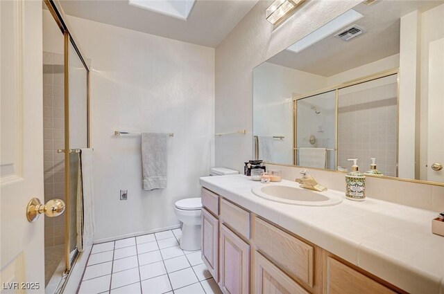 2851 S Valley View Blvd Unit 1139B, Las Vegas, NV 89102 - bathroom with a shower stall, vanity, visible vents, toilet, and tile patterned floors