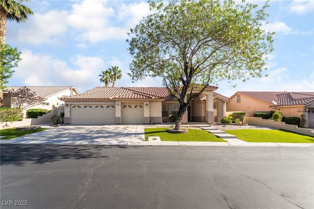 4176 Skywalker Ave, Las Vegas, NV 89120 - mediterranean / spanish house with an attached garage, driveway, stucco siding, and a tiled roof
