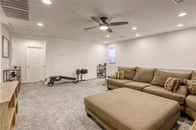 7445 Tinley Creek Ave, Las Vegas, NV 89113 - living room featuring ceiling fan, visible vents, recessed lighting, light carpet, and attic access