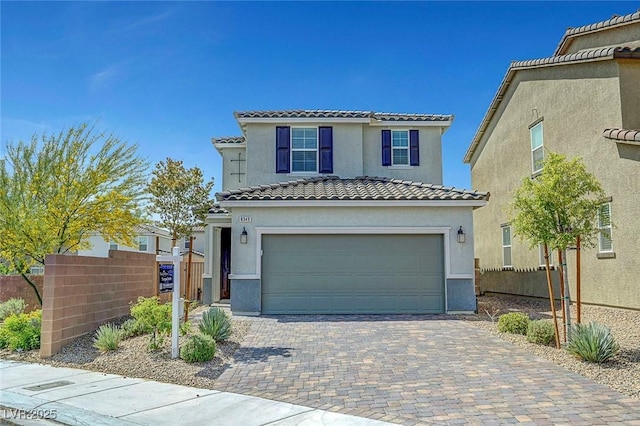 8349 Pollenzo Ave, Las Vegas, NV 89178 - mediterranean / spanish-style house with a tiled roof, a garage, stucco siding, and fence
