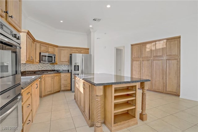 437 Via Stretto Ave, Henderson, NV 89011 - kitchen featuring light tile patterned floors, visible vents, open shelves, and appliances with stainless steel finishes