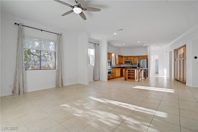 437 Via Stretto Ave, Henderson, NV 89011 - unfurnished living room with baseboards, a ceiling fan, and light tile patterned floors