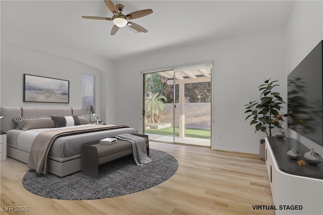 437 Via Stretto Ave, Henderson, NV 89011 - bedroom with light wood-style flooring, baseboards, access to outside, and a ceiling fan