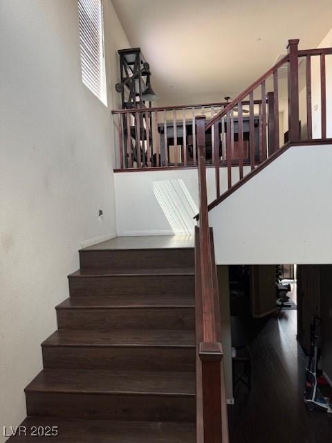 stairway with plenty of natural light and wood finished floors