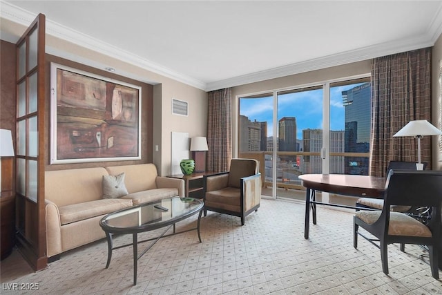 135 E Harmon Ave Unit 2515, Las Vegas, NV 89109 - living area featuring a view of skyline, crown molding, and light carpet