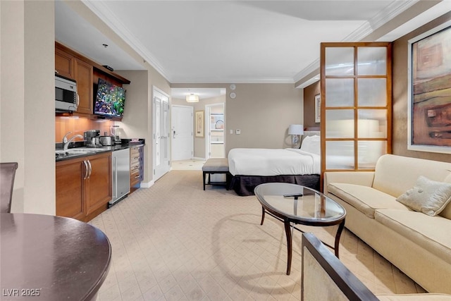 135 E Harmon Ave Unit 2515, Las Vegas, NV 89109 - bedroom with crown molding, light colored carpet, baseboards, and a sink