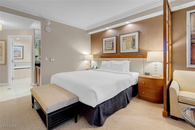 135 E Harmon Ave Unit 2515, Las Vegas, NV 89109 - bedroom featuring ornamental molding, ensuite bath, and recessed lighting