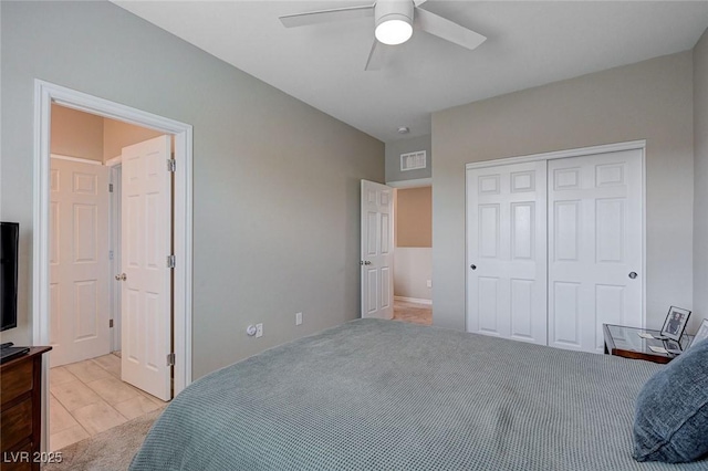 bedroom featuring a ceiling fan, visible vents, and a closet