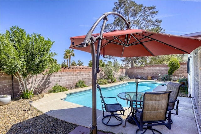 view of swimming pool with a fenced backyard, a patio, and a fenced in pool