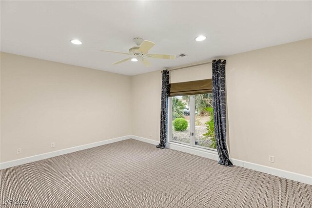 unfurnished room featuring recessed lighting, carpet floors, baseboards, and ceiling fan