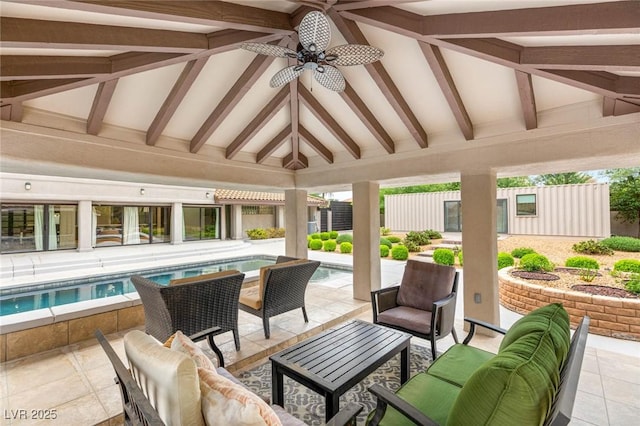 sunroom with beamed ceiling
